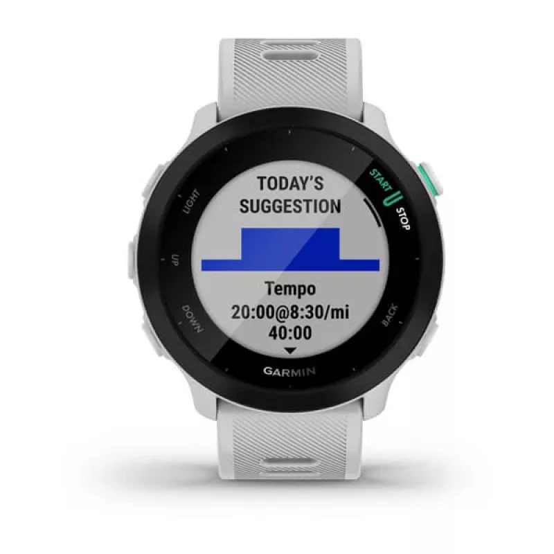 Smartwatch GARMIN Forerunner 55 — 42 mm relógio desportivo redondo, GPS/GLONASS/Galileo, 14 dias de bateria, 5 ATM, bracelete de silicone branco