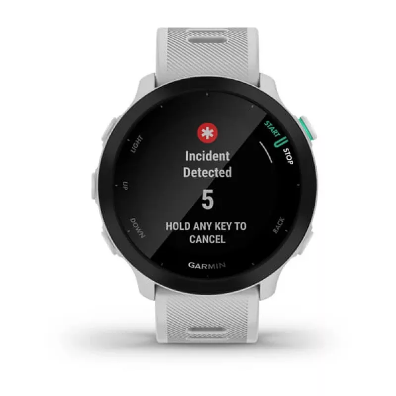 Smartwatch GARMIN Forerunner 55 — 42 mm relógio desportivo redondo, GPS/GLONASS/Galileo, 14 dias de bateria, 5 ATM, bracelete de silicone branco