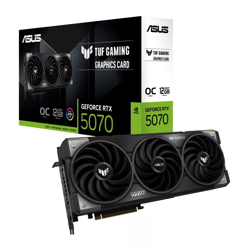 Placa gráfica ASUS GeForce RTX 5070 12 GB GDDR7, PCIe 5.0, 192-Bit, OC, 3xDP 2.1b + 2xHDMI 2.1b, 3 ventoinhas, fonte de alimentação 750W