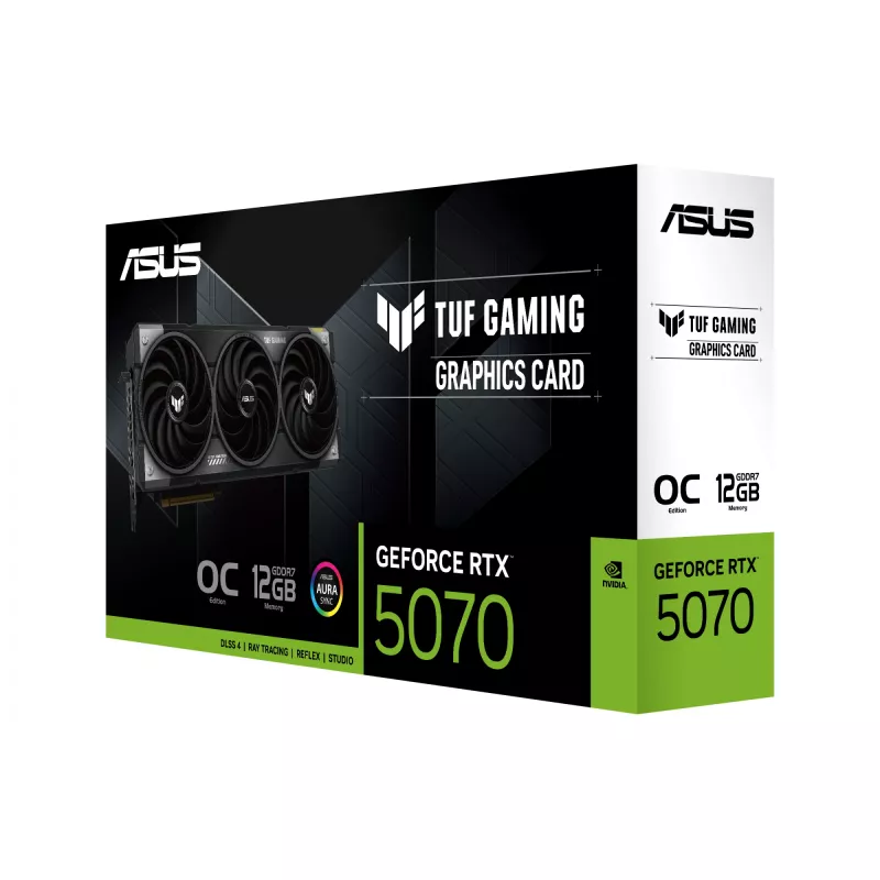 Placa gráfica ASUS GeForce RTX 5070 12 GB GDDR7, PCIe 5.0, 192-Bit, OC, 3xDP 2.1b + 2xHDMI 2.1b, 3 ventoinhas, fonte de alimentação 750W