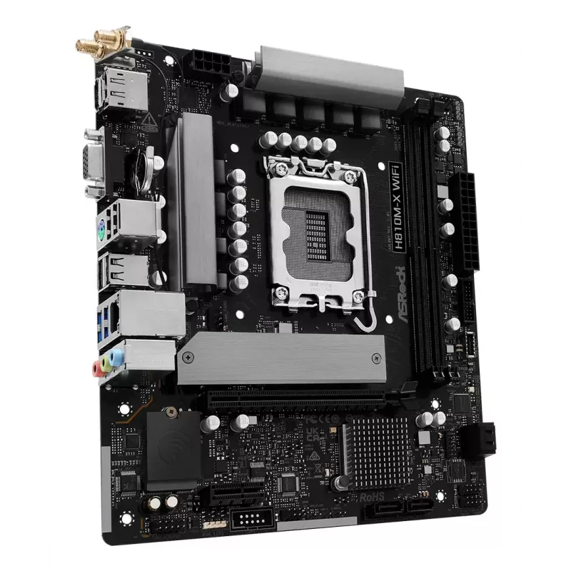 Motherboard ASRock H810M-X WiFi — Intel H810, LGA 1851, microATX, DDR5, 2 DIMM, 128GB, Wi-Fi 5, 2.5Gb LAN, M.2, SATA III