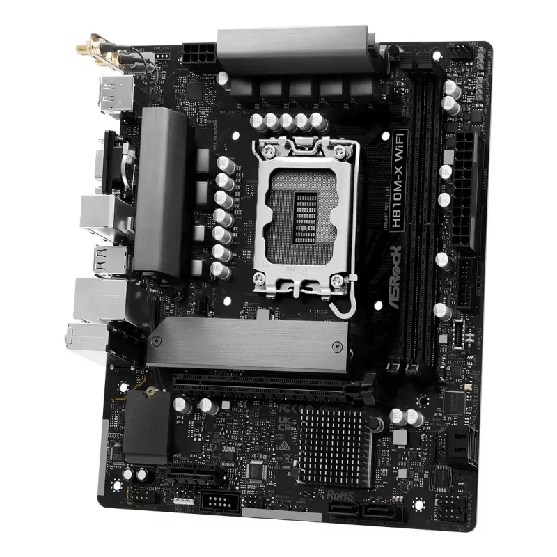 Motherboard ASRock H810M-X WiFi — Intel H810, LGA 1851, microATX, DDR5, 2 DIMM, 128GB, Wi-Fi 5, 2.5Gb LAN, M.2, SATA III