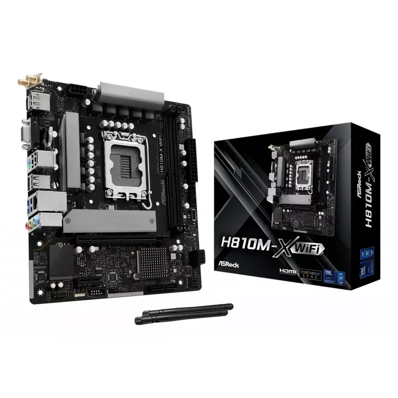 Motherboard ASRock H810M-X WiFi — Intel H810, LGA 1851, microATX, DDR5, 2 DIMM, 128GB, Wi-Fi 5, 2.5Gb LAN, M.2, SATA III