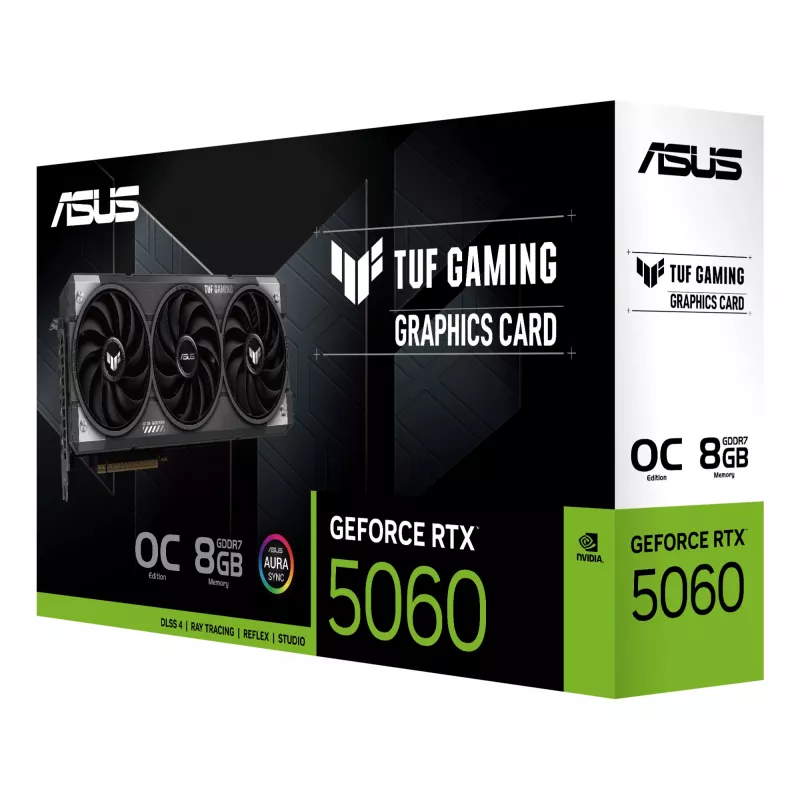 Placa gráfica ASUS GeForce RTX 5060 8 GB GDDR7 PCIe 5.0, 3840 CUDA, OC, 3x DisplayPort 2.1b + HDMI 2.1b, 302 mm, 3 slots