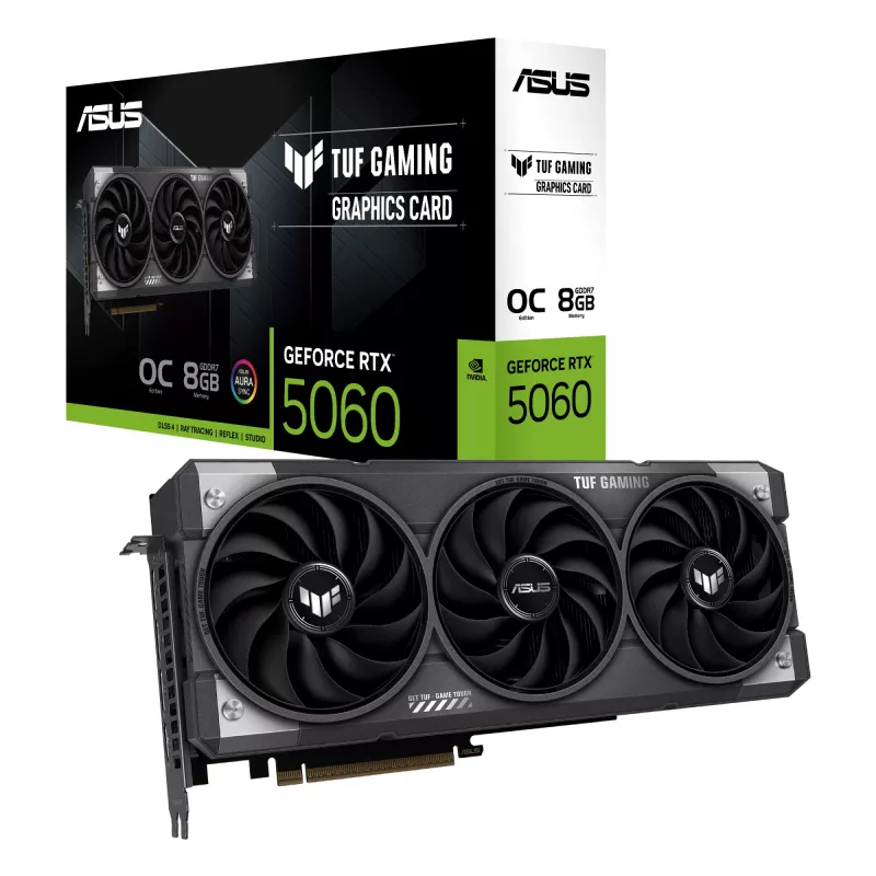 Placa gráfica ASUS GeForce RTX 5060 8 GB GDDR7 PCIe 5.0, 3840 CUDA, OC, 3x DisplayPort 2.1b + HDMI 2.1b, 302 mm, 3 slots