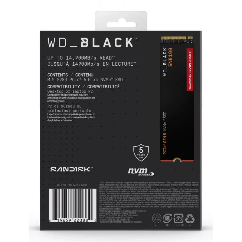 SSD Western Digital 1 TB M.2 PCI Express 5.0 preto SN8100