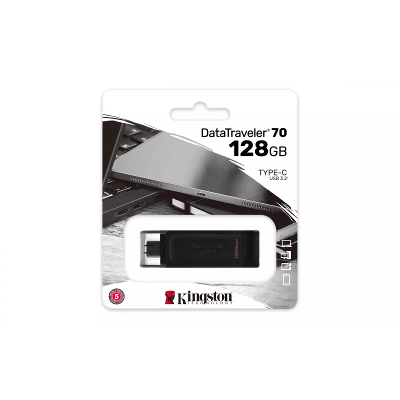 Kingston Technology DataTraveler 128GB USB-C 3.2 Gen 1 70, 128 GB, USB Type-C, 3.2 Gen 1 (3.1 Gen 1), tampa, 7 g, preto