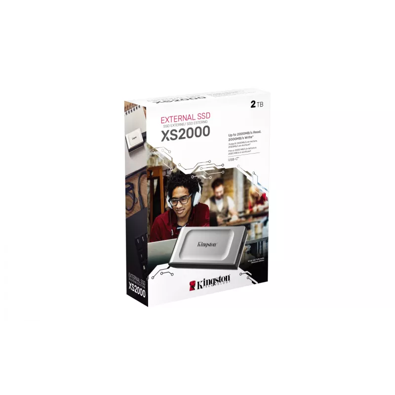 Kingston Technology 2000G SSD Portátil XS2000, 2 TB, USB Type-C, 3.2 Gen 2 (3.1 Gen 2), 2000 MB/s, preto, prateado