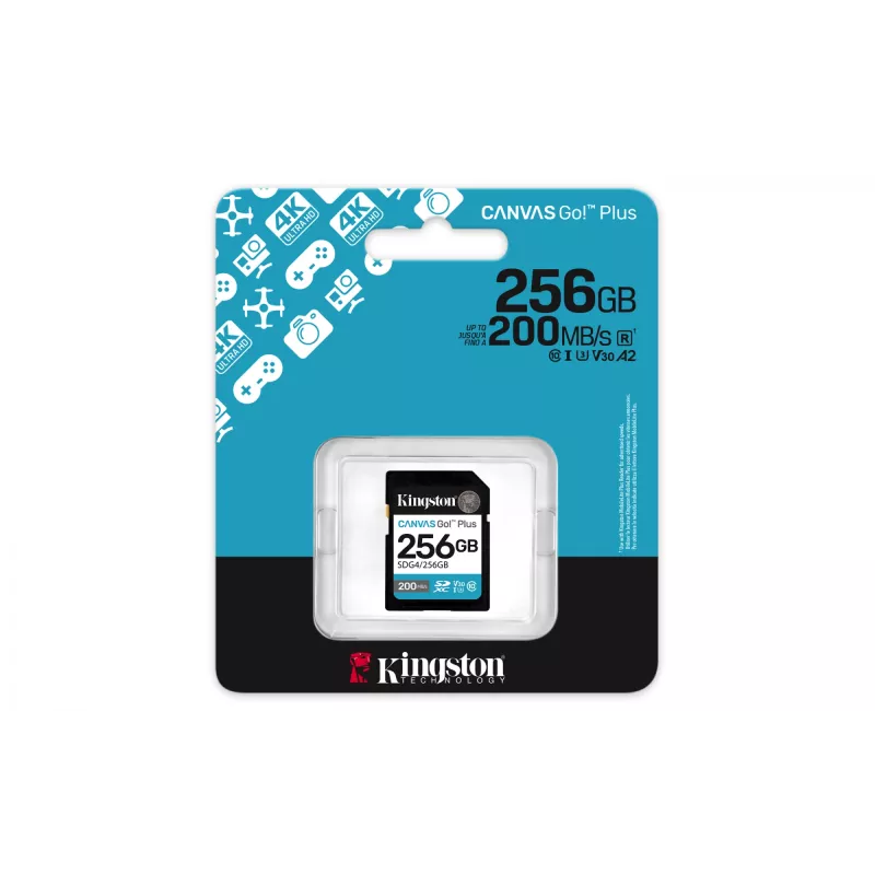 Cartão de memória SDXC Kingston 256GB UHS-I Canvas Go Plus — 256 GB, U3/V30, leitura 200 MB/s, escrita 160 MB/s, Class 10, preto