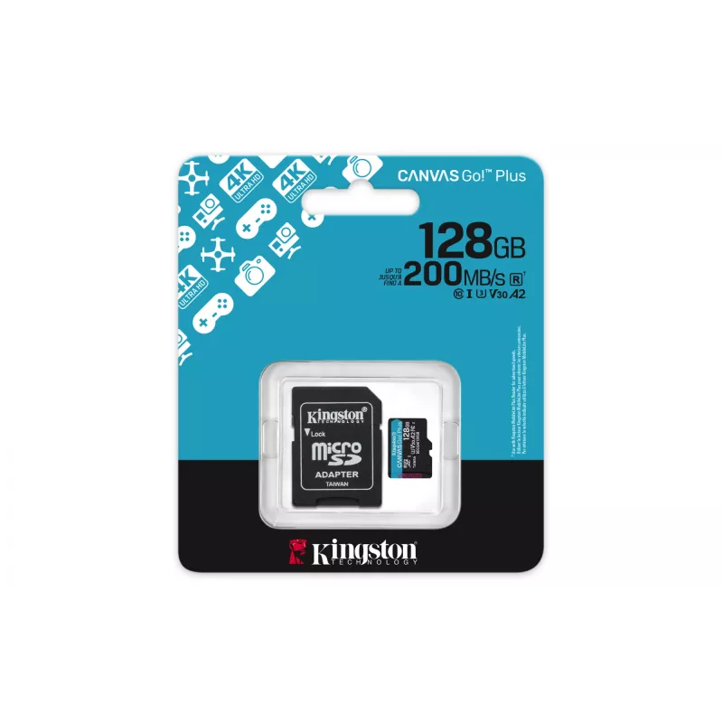 Kingston Technology 128 GB microSDXC Canvas Go Plus Gen4 200 MB/s A2 U3 V30 cartão + adaptador