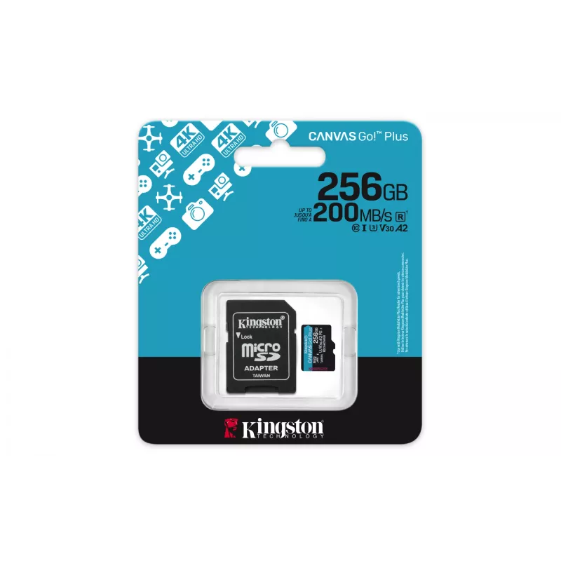 Kingston Technology 256GB microSDXC Canvas Go Plus Gen4 200MB/s A2 U3 V30 cartão + adaptador