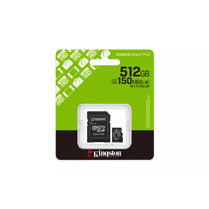 Kingston Technology 512 GB microSDXC Canvas Select Plus Gen3 150 MB/s A1 cartão + adaptador