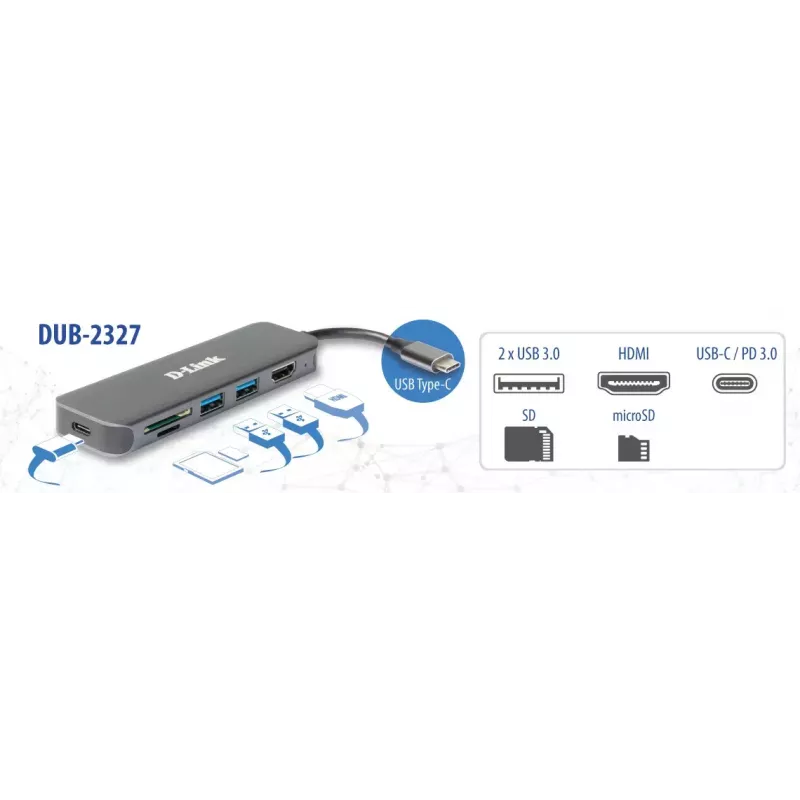 D-Link Hub USB-C 6-em-1 com HDMI/Leitor de cartões/Power Delivery