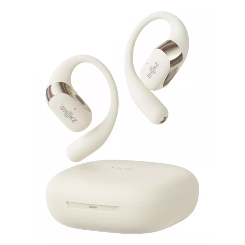 Headset sem fios open-ear Shokz OpenFit 2 — Bluetooth 5.4, IP55, condução óssea, 11 h de reprodução (48 h com estojo), USB‑C, bege