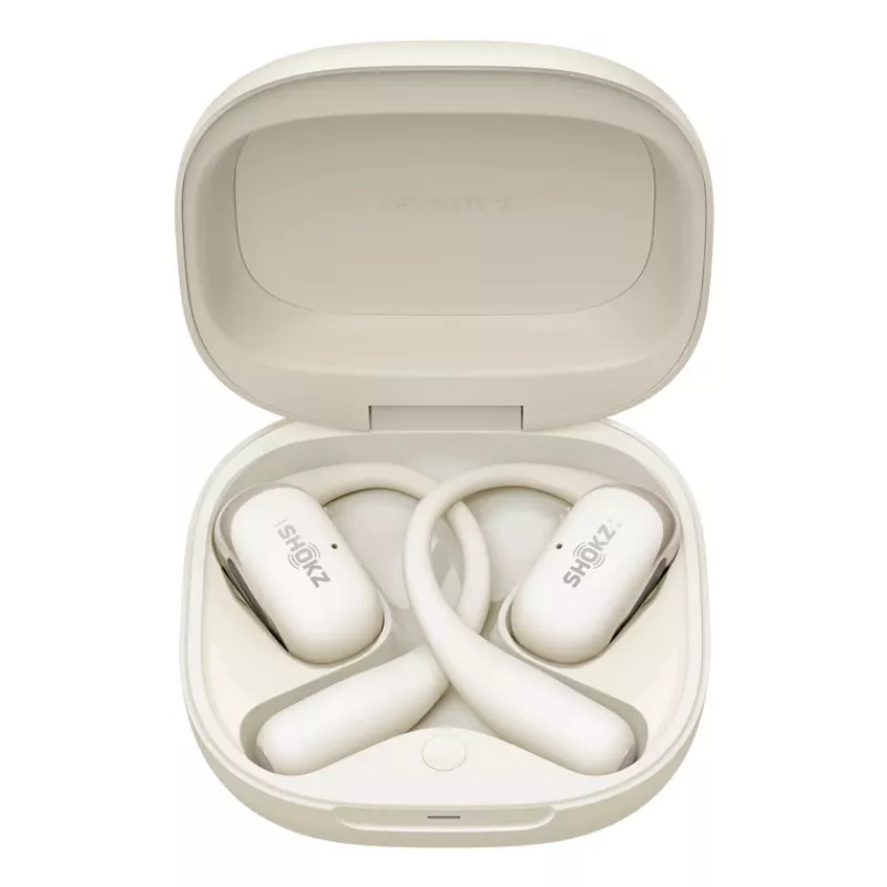 Headset sem fios open-ear Shokz OpenFit 2 — Bluetooth 5.4, IP55, condução óssea, 11 h de reprodução (48 h com estojo), USB‑C, bege