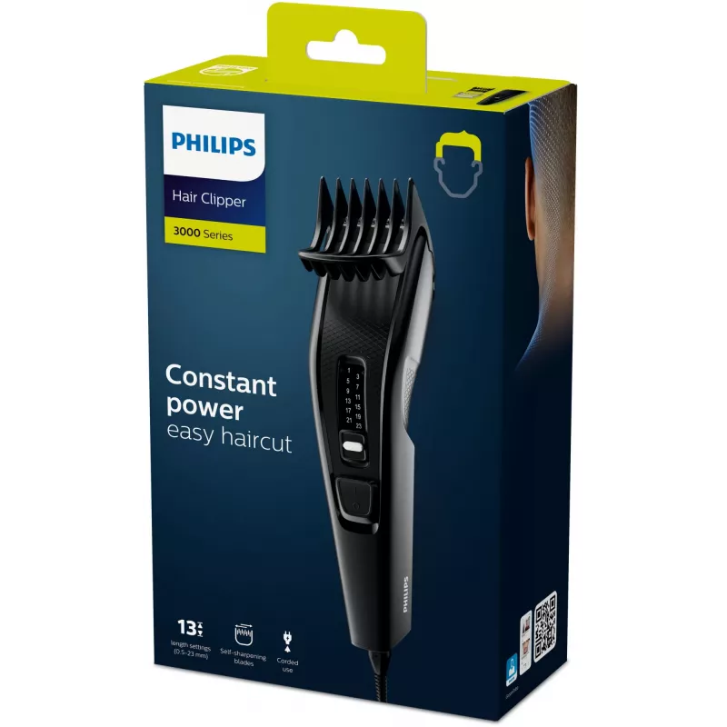 Máquina de cortar cabelo Philips série 3000 HC3510/15 preta — lâminas de aço inoxidável, 0,5 mm a 23 mm, 13 definições de comprimento