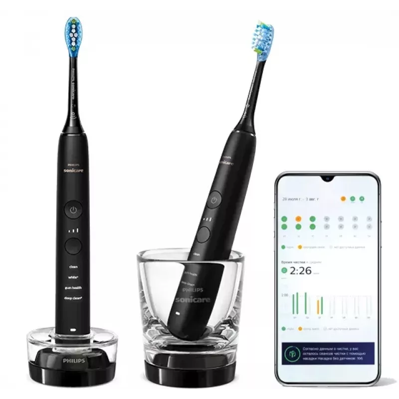 Philips Sonicare DiamondClean 9000 HX9914/54 conjunto de escovas de dentes elétricas sónicas, 2 cabos, 2 cabeças de escova, 4 modos, preto