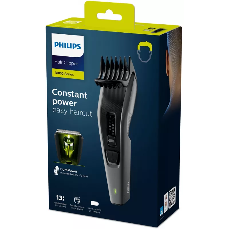 Philips Hairclipper Series 3000 HC3525/15 máquina de cortar cabelo, lâminas metálicas autoafiáveis, 0,5-23 mm, 13 definições de comprimento, lâmina de 41 mm, rede/bateria, 45 min, preto/cinzento