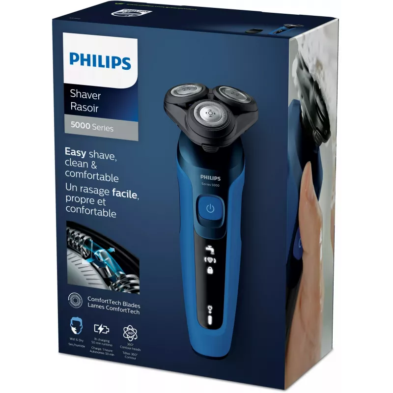 Máquina de barbear elétrica Philips série 5000 S5466/17 — sistema rotativo de 3 cabeças, bateria de iões de lítio, 50 min. de autonomia, lavável, barbear a seco e molhado