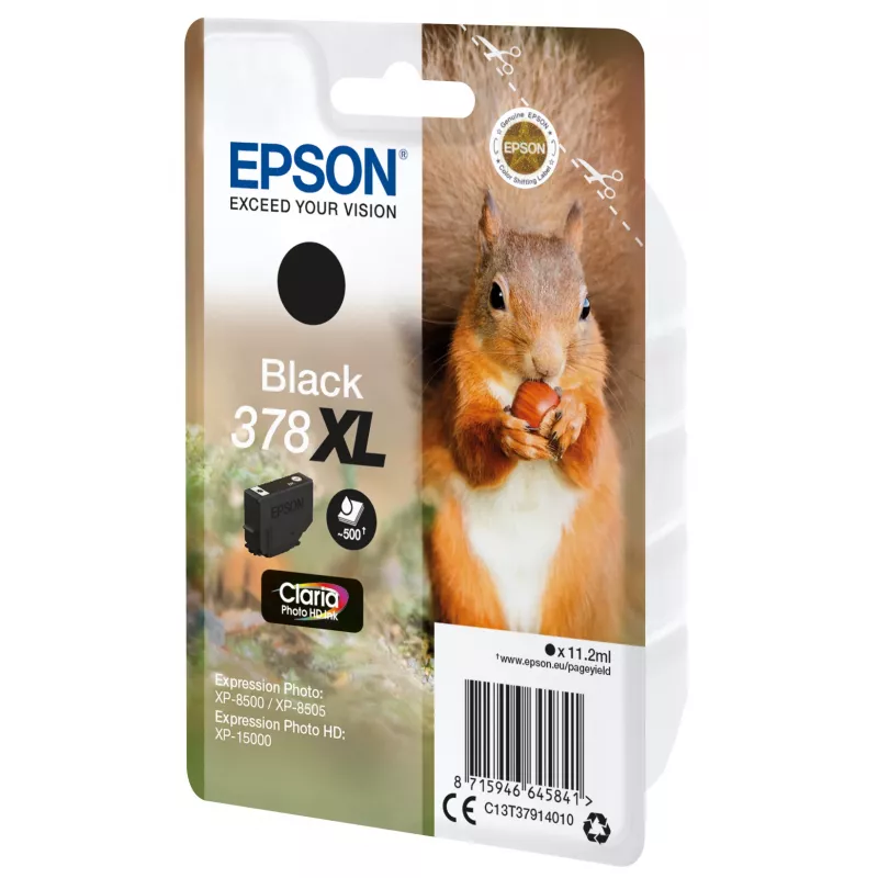 Epson Squirrel embalagem individual preto 378XL Claria Photo HD tinta, alta (XL) capacidade, preto, tinta pigmentada, 11,2 ml, 1 unid., 500 páginas