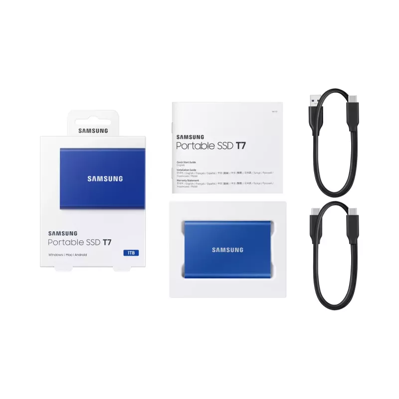 SSD externo Samsung T7 Portable 1 TB, USB-C 3.2 Gen 2, NVMe, encriptação de hardware AES-256, azul
