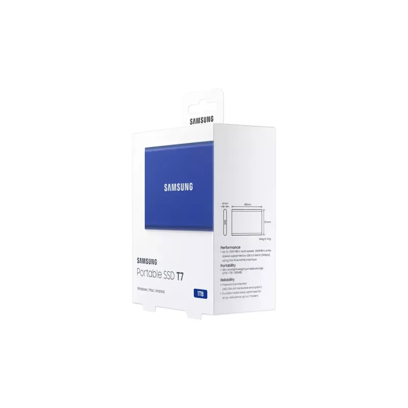SSD externo Samsung T7 Portable 1 TB, USB-C 3.2 Gen 2, NVMe, encriptação de hardware AES-256, azul