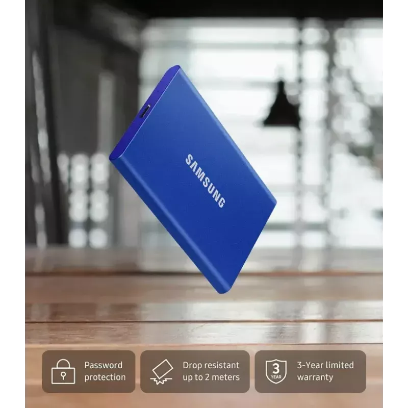 SSD externo Samsung T7 Portable 1 TB, USB-C 3.2 Gen 2, NVMe, encriptação de hardware AES-256, azul
