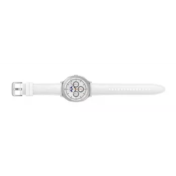 Smartwatch Samsung Galaxy Watch 8 Classic 46 mm — 1,3 polegadas AMOLED, 438×438, 64 GB, Wi-Fi, GPS, caixa prata, bracelete branca