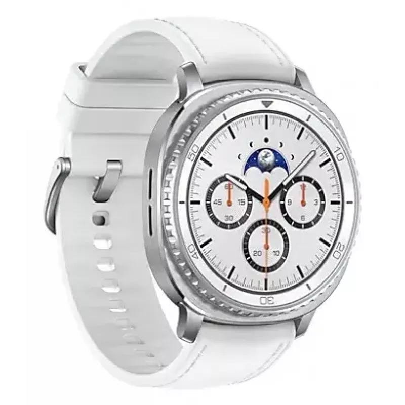 Smartwatch Samsung Galaxy Watch 8 Classic 46 mm — 1,3 polegadas AMOLED, 438×438, 64 GB, Wi-Fi, GPS, caixa prata, bracelete branca