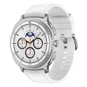 Smartwatch Samsung Galaxy Watch 8 Classic 46 mm — 1,3 polegadas AMOLED, 438×438, 64 GB, Wi-Fi, GPS, caixa prata, bracelete branca