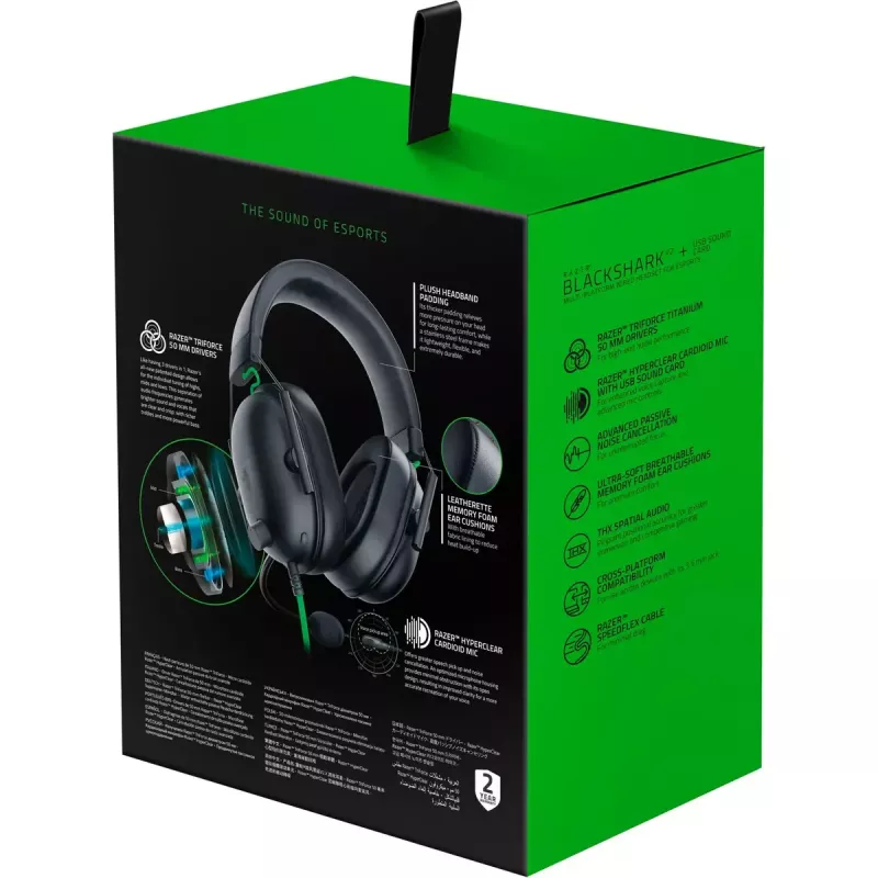 Headset gaming com fios Razer BlackShark V2 X — binaural, 3,5 mm, 32 Ω, 100 dB, microfone articulado com cancelamento de ruído, cabo de 1,3 m, verde/preto
