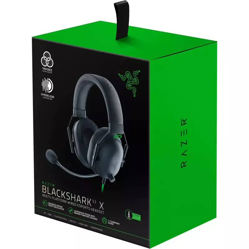 Headset gaming com fios Razer BlackShark V2 X — binaural, 3,5 mm, 32 Ω, 100 dB, microfone articulado com cancelamento de ruído, cabo de 1,3 m, verde/preto