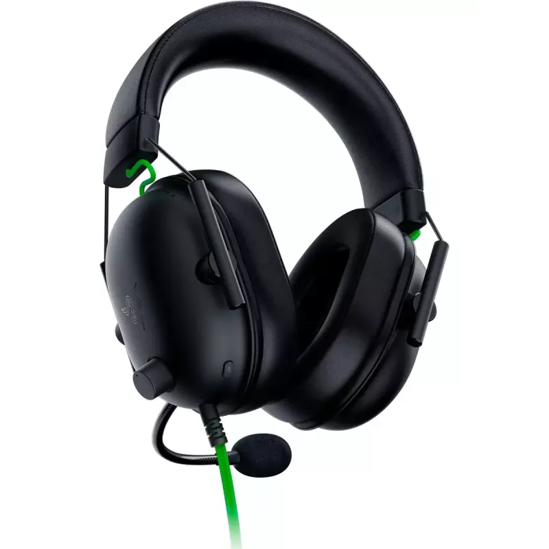 Headset gaming com fios Razer BlackShark V2 X — binaural, 3,5 mm, 32 Ω, 100 dB, microfone articulado com cancelamento de ruído, cabo de 1,3 m, verde/preto