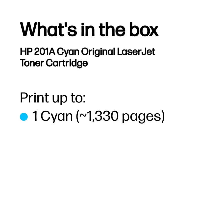 Toner original HP 201A ciano LaserJet. Rendimento de toner colorido: 1330 páginas, cores de impressão: ciano, quantidade por embalagem: 1 unid.
