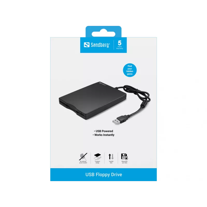 Sandberg unidade de disquete USB, unidade de disquete externa, USB 2.0, 360 rpm, 102 mm, 140 mm, 17 mm