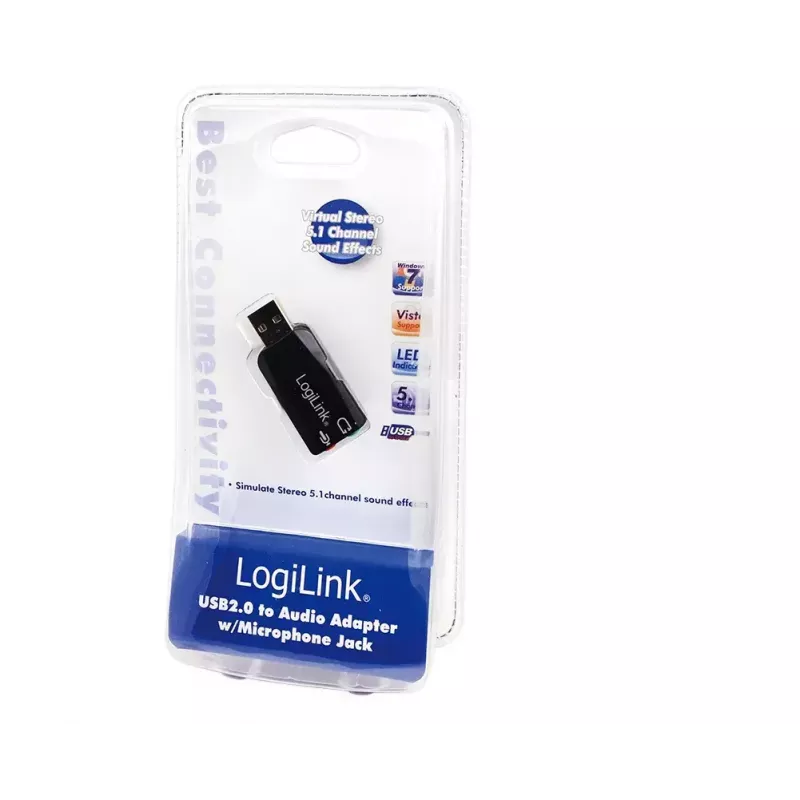Placa de som USB LOGILINK UA0053 — Interface USB, saída de áudio 5.1 canais