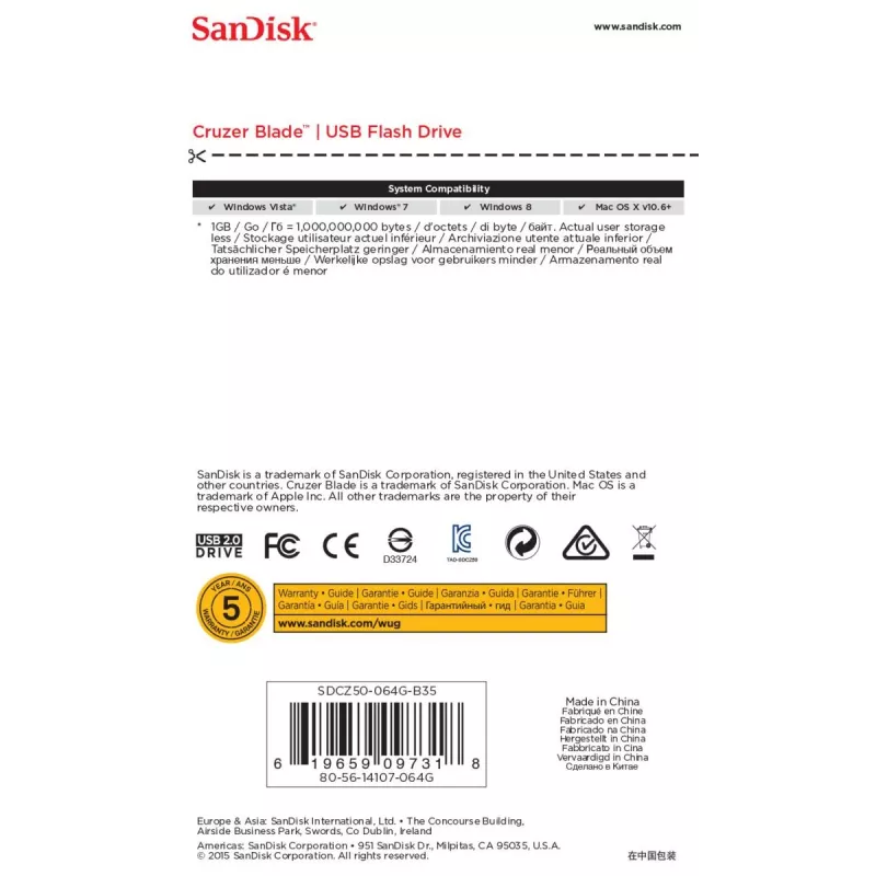 Pen drive SanDisk 64 GB USB Type-A 2.0 Cruzer Blade
