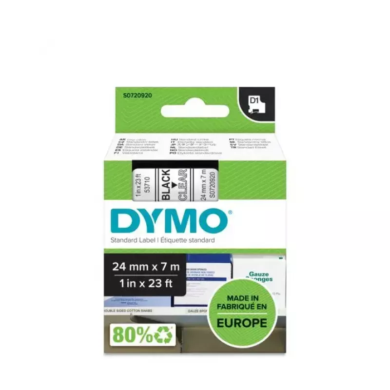 Etiquetas DYMO Authentic D1 | rolo 24 mm x 7 m | impressão preta em transparente | etiquetas autocolantes para impressoras de etiquetas LabelManager