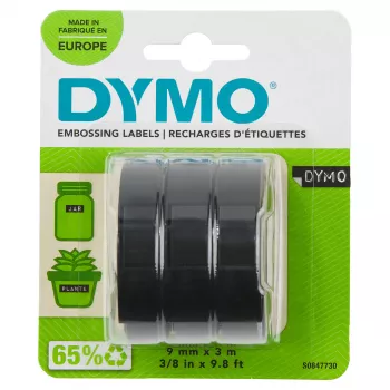 Fita de relevo original DYMO | rolos 9 mm x 3 m | texto branco em preto | autocolante | para máquinas de relevo | 3 unid.