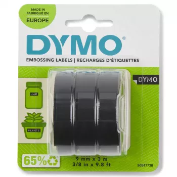 Fita de relevo original DYMO | rolos 9 mm x 3 m | texto branco em preto | autocolante | para máquinas de relevo | 3 unid.