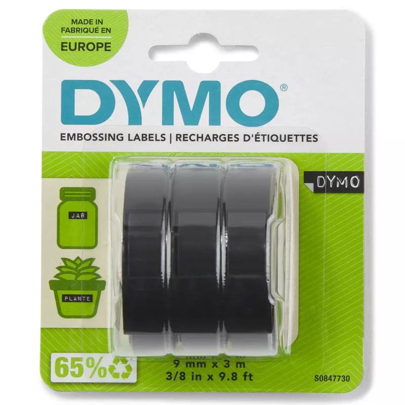 Fita de relevo original DYMO | rolos 9 mm x 3 m | texto branco em preto | autocolante | para máquinas de relevo | 3 unid.