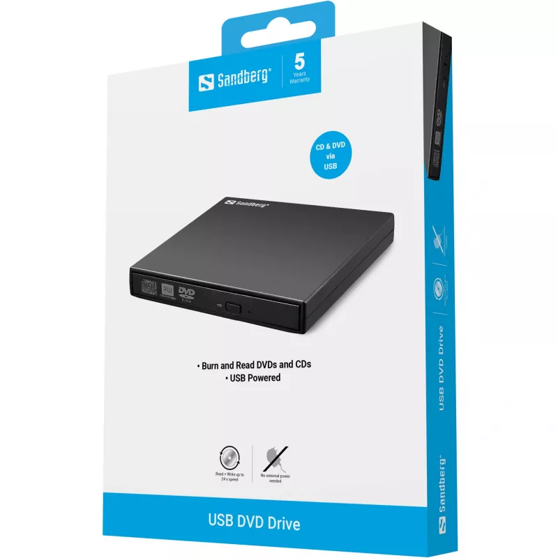 Unidade de DVD USB Sandberg, preta, desktop/portátil, DVD Super Multi, USB 2.0, CD-R, CD-ROM, CD-RW, DVD-R, DVD-ROM, DVD-RW, 24x