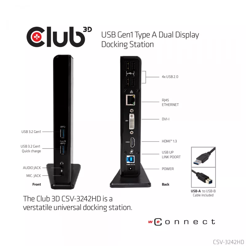 CLUB3D USB Gen1 Type-A Dual Display (HDMI e DVI) DisplayLink™ docking station