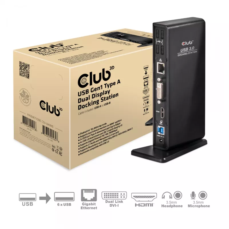 CLUB3D USB Gen1 Type-A Dual Display (HDMI e DVI) DisplayLink™ docking station