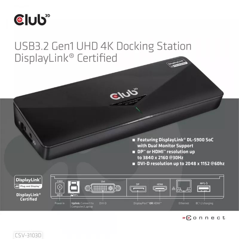 CLUB3D CSV-3103D The Club 3D docking station universal USB 3.1 Gen 1 UHD 4K DisplayLink™