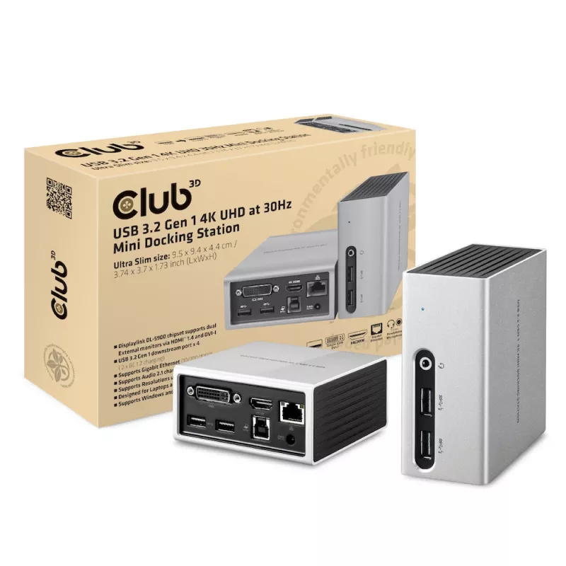 Estação de acoplamento mini CLUB3D USB 3.2 Gen 1 4K UHD a 30 Hz design ultra-slim