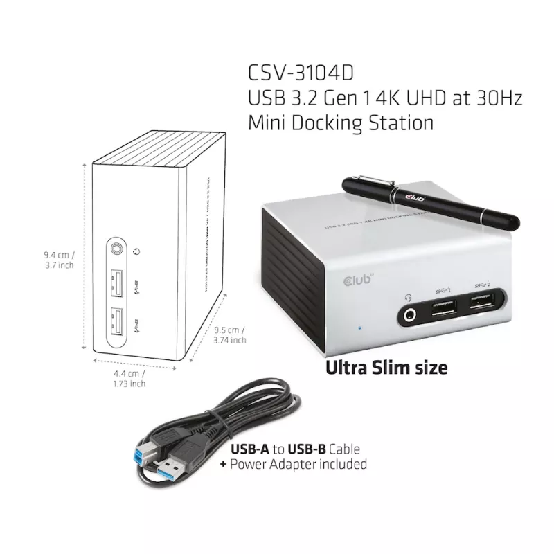 Estação de acoplamento mini CLUB3D USB 3.2 Gen 1 4K UHD a 30 Hz design ultra-slim