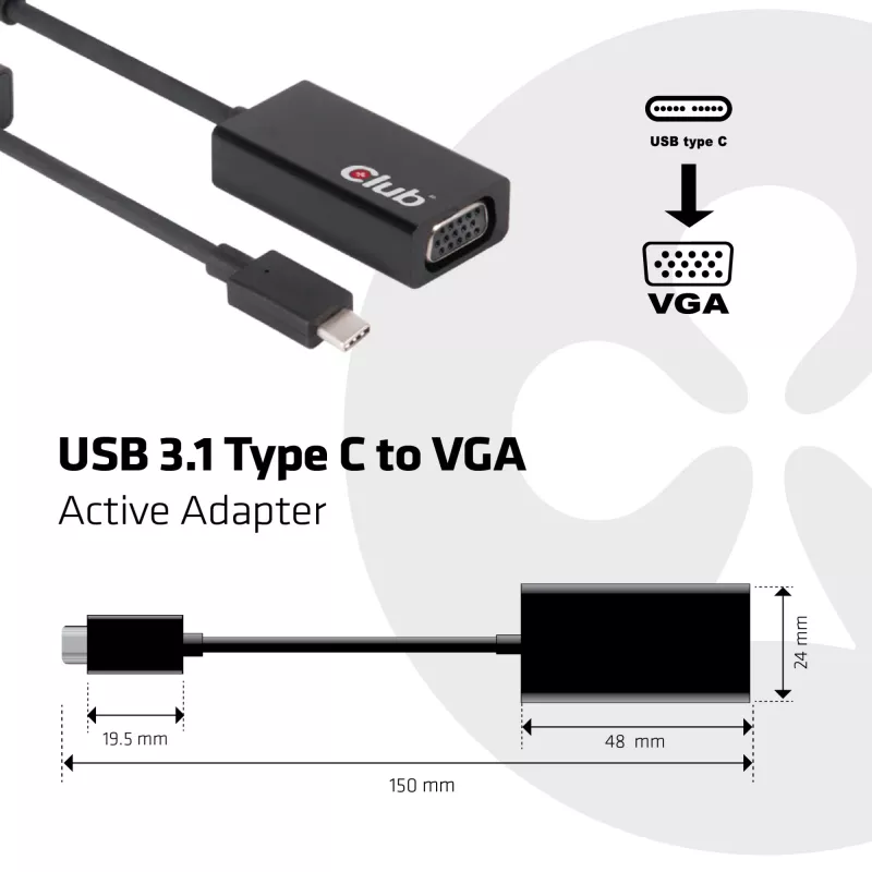 Adaptador ativo USB 3.1 Type-C para VGA CLUB3D CAC-1502