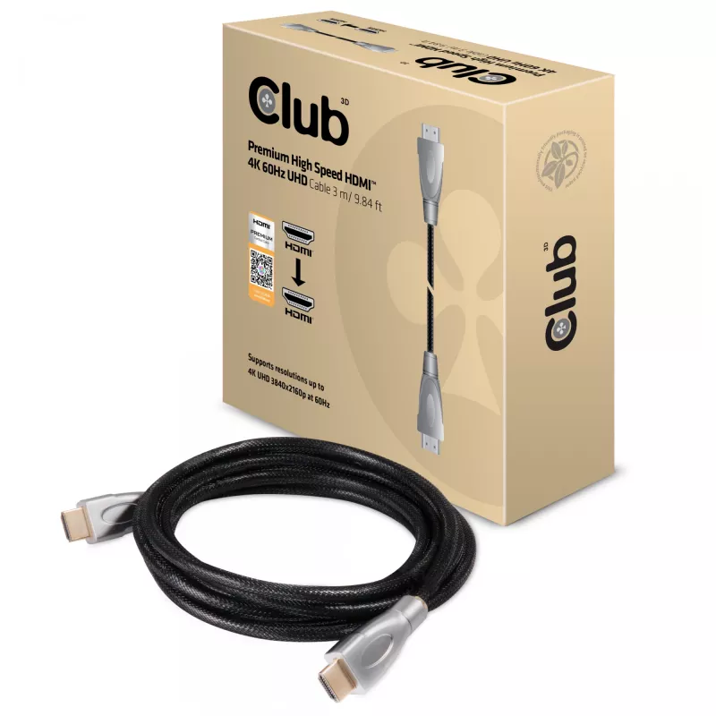 Cabo CLUB3D HDMI 2.0 3 metros UHD 4K/60Hz 18Gbps Premium High Speed certificado