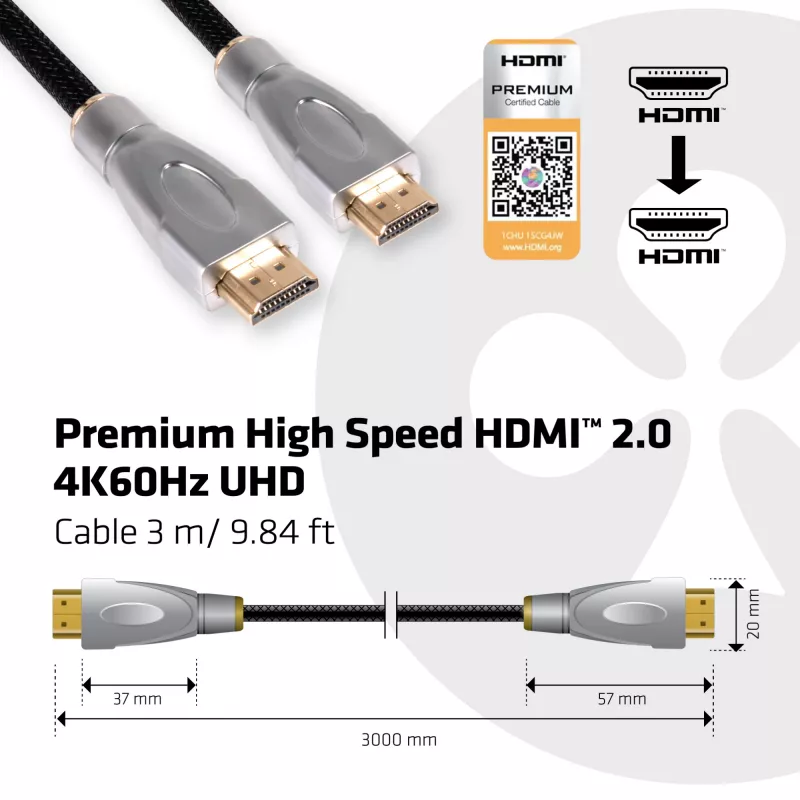 Cabo CLUB3D HDMI 2.0 3 metros UHD 4K/60Hz 18Gbps Premium High Speed certificado